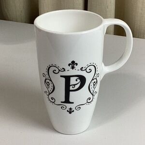 White Tall Latte Mug with Black Monogram Letter P..